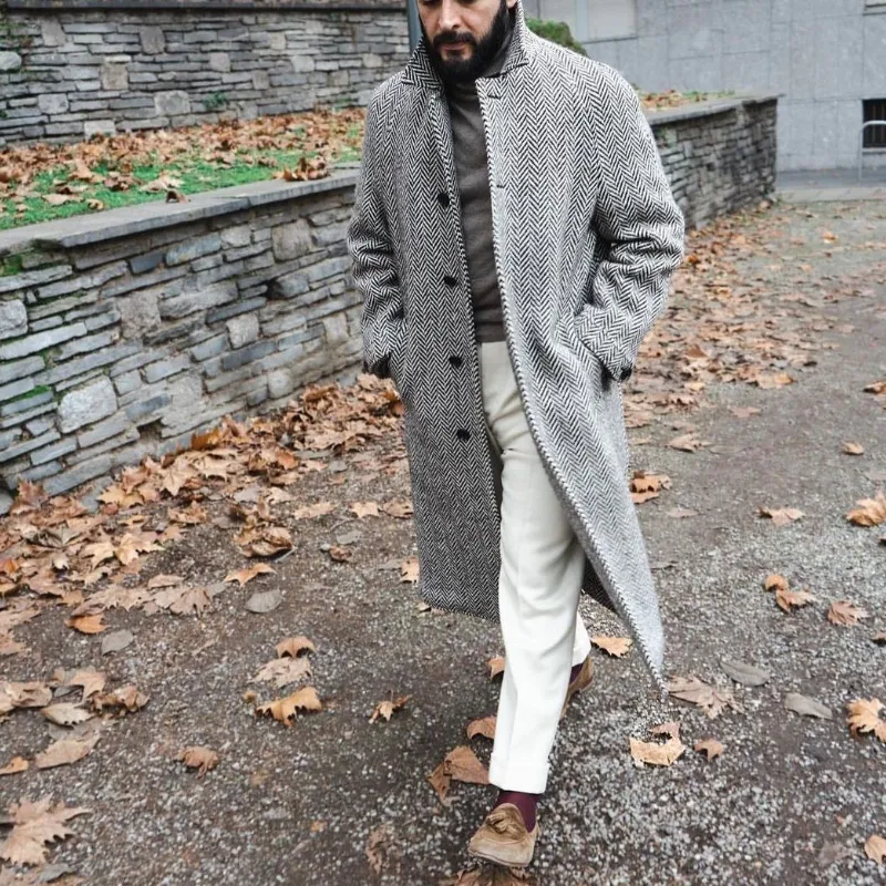 Gray Herringbone Long Overcoat for Men, Business Casual Shawl