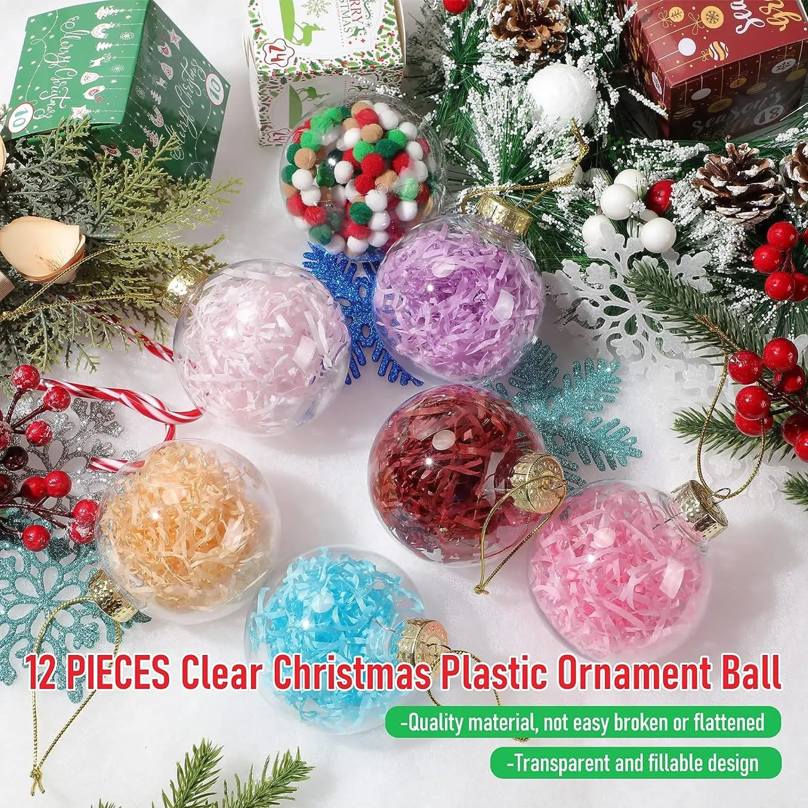 12 Pcs Clear Plastic Fillable Ornaments Balls, 2.36 Inch DIY Plastic Fillable Christmas Decorations Tree Balls Crafts Perfect Decoration Christmas Wed