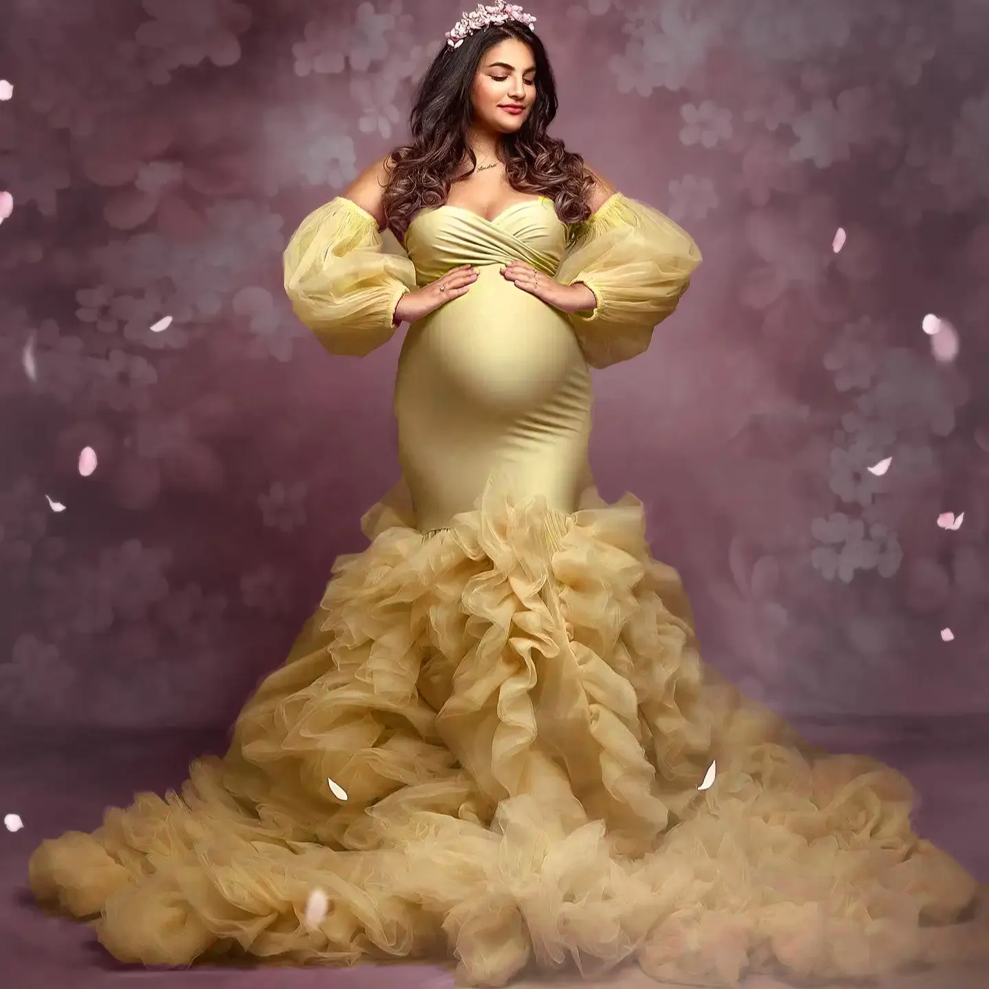 chinese dress ladies Buy Sale Fox Sexy V Neck Long Sleeve Yellow Mermaid Maternity Dress main image 0