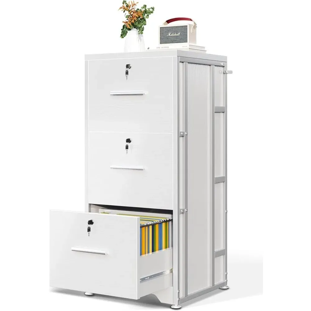 Large White 3-Drawer Steel File Cabinet with Lock
