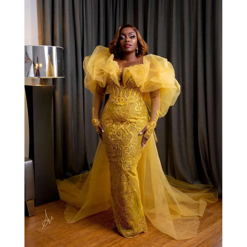 DHgate Yellow Lace Plus Size Aso Ebi Sheath Dresses for Formal Events Wedding Party Events