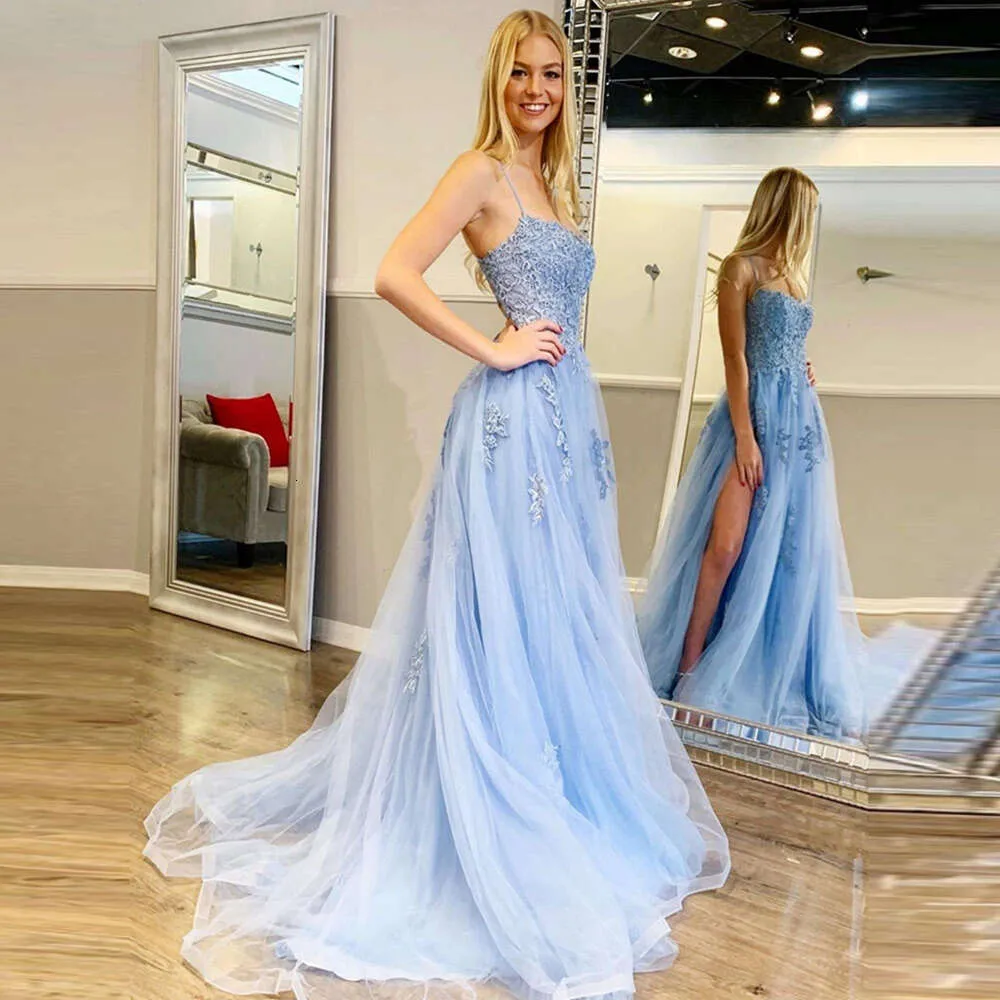 Light Blue A-Line Prom Dress with Spaghetti Straps and Lace Appliques,  Square Neckline, Sweep Train, Built-in Bra, Side Split from Dhgate Prom  Dresses - price 241.66