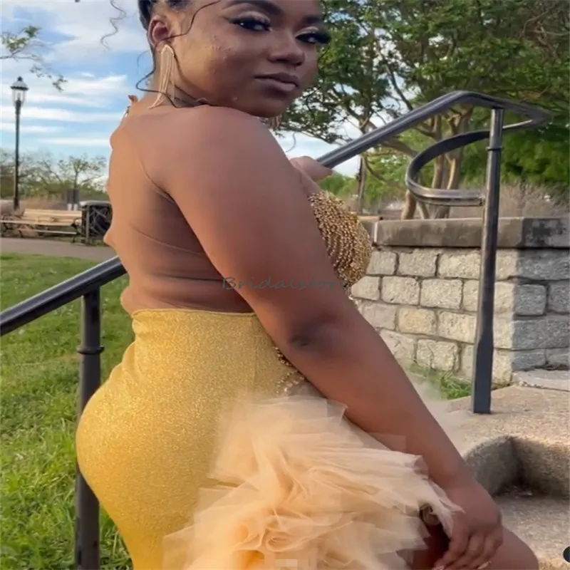 Glam Gold Diamond Mermaid tutu prom dress for Black Girls - Plus Size, High Slit, Elegant Ruffles, Formal Occasion Gown for Birthday Parties - Vestios