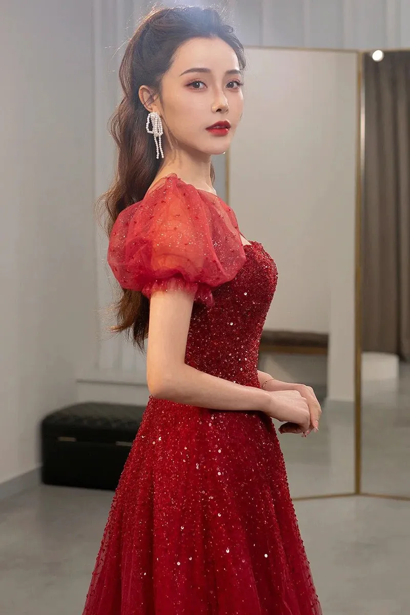 Burgundy Satin Polyester Spandex Cheongsam Dress with Square Collar and  Puff Sleeves for Women from Dhgate Bridal Gloves - price 93.57