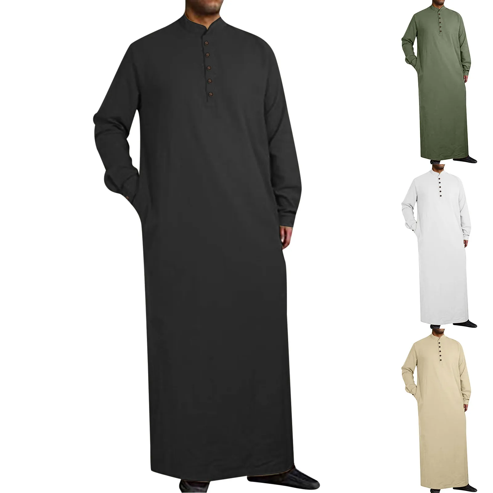 Men's Arabic Thobe Robe - Long Sleeve Stand Collar Kaftan With Pocket