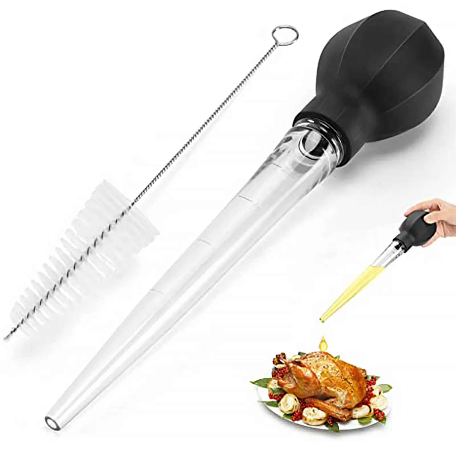 Meat Injector Syringe Kit Steel Turkey Baster For Cooking, Food Grade Turkey Baster Syringe Oil Dropper Meat Injector Set With Silicone Bristling Brush 2 Needles Cleaning Brush For Chicken Beef Pork Bbq