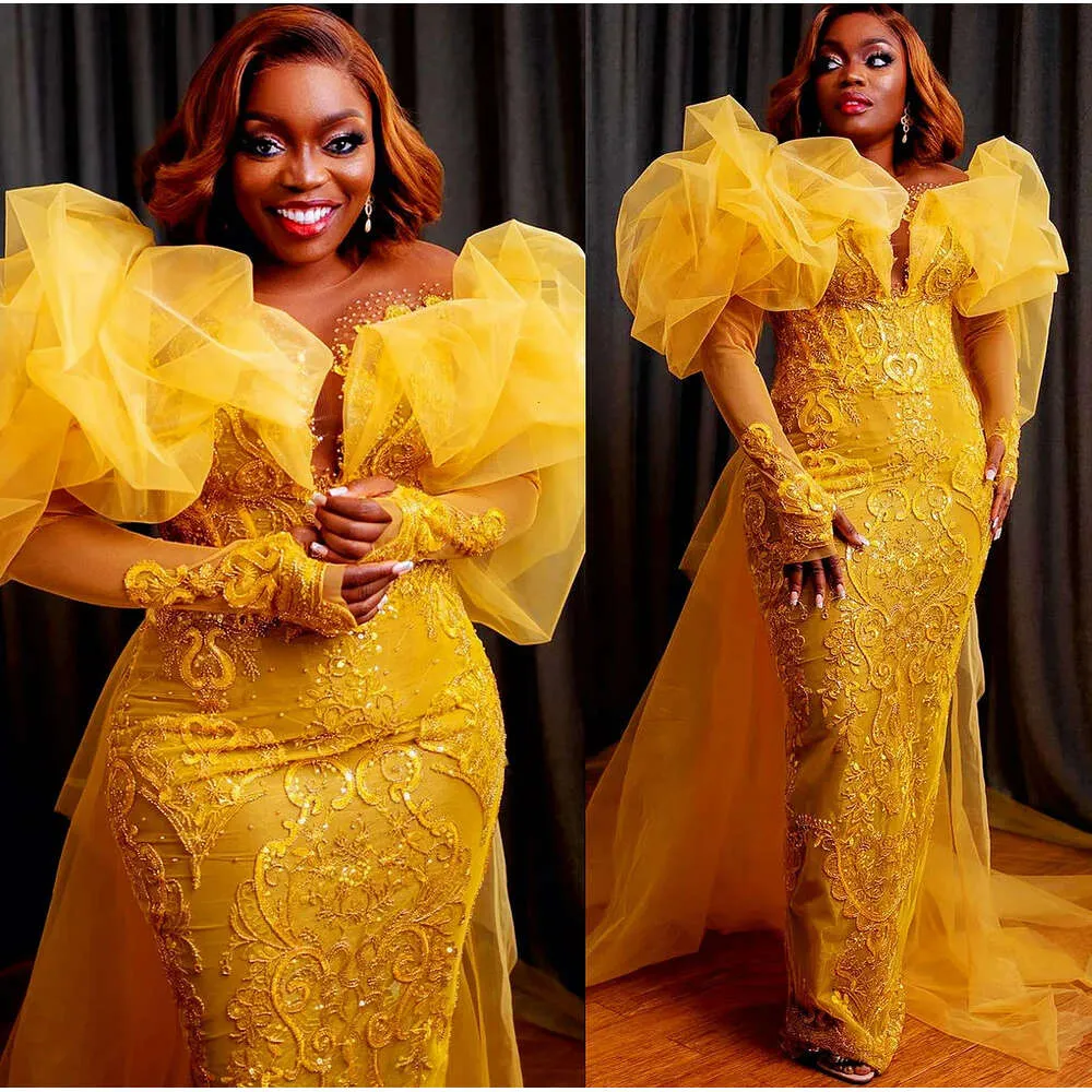 Yellow Lace Plus Size Aso Ebi Sheath Dresses for Formal Events