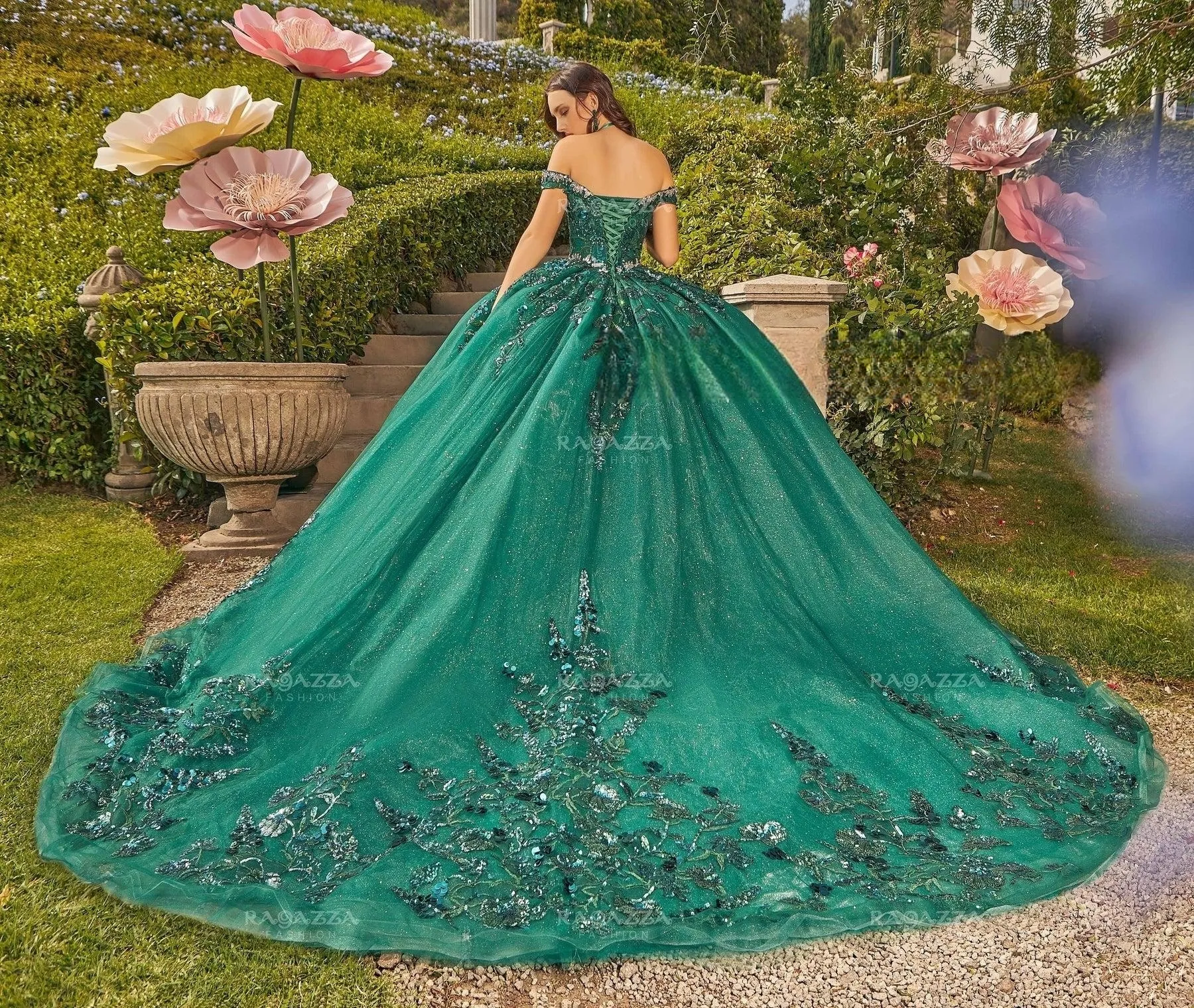 green emerald velvet dress Strapless Puff Sleeve Quinceanera Dress by Rachel Allan RQ2184 16 / Emerald Green