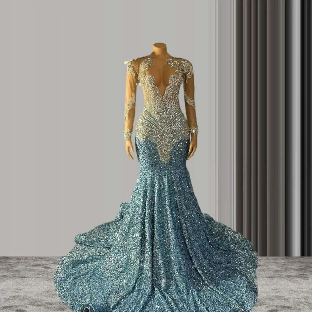 Sparkly Mermaid Blue Sequins Evening Dresses For Black Girls Y1632