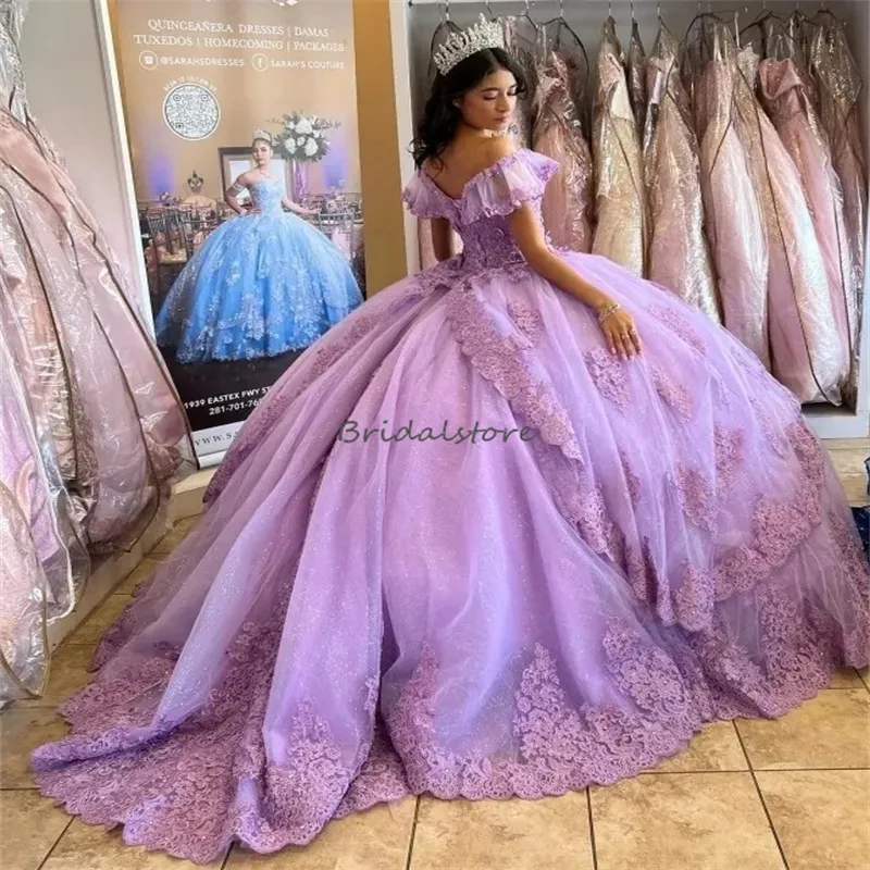 Off-Shoulder Lilac Lavender Quinceanera Ball Gown with Tulle Appliques and Princess Lace - Perfect for Mexican Sweet 16, 15 Anos, and Fifteen Birthday