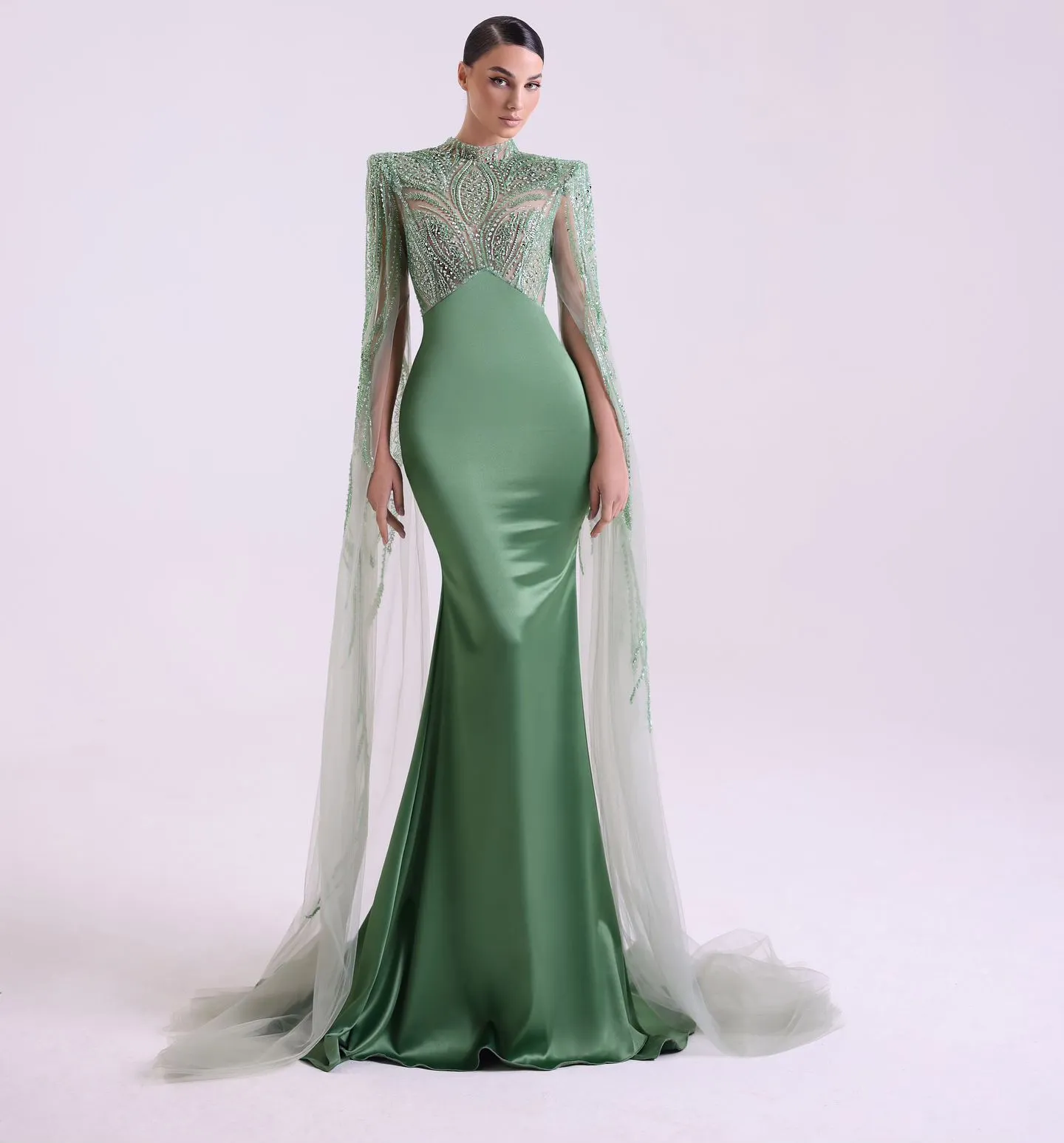 slim fit dress slacks Mint Green Designer Sequin Gown – Sparkly Maxi Dress with Long Sleeves –  WonderlandByLilian main image 0