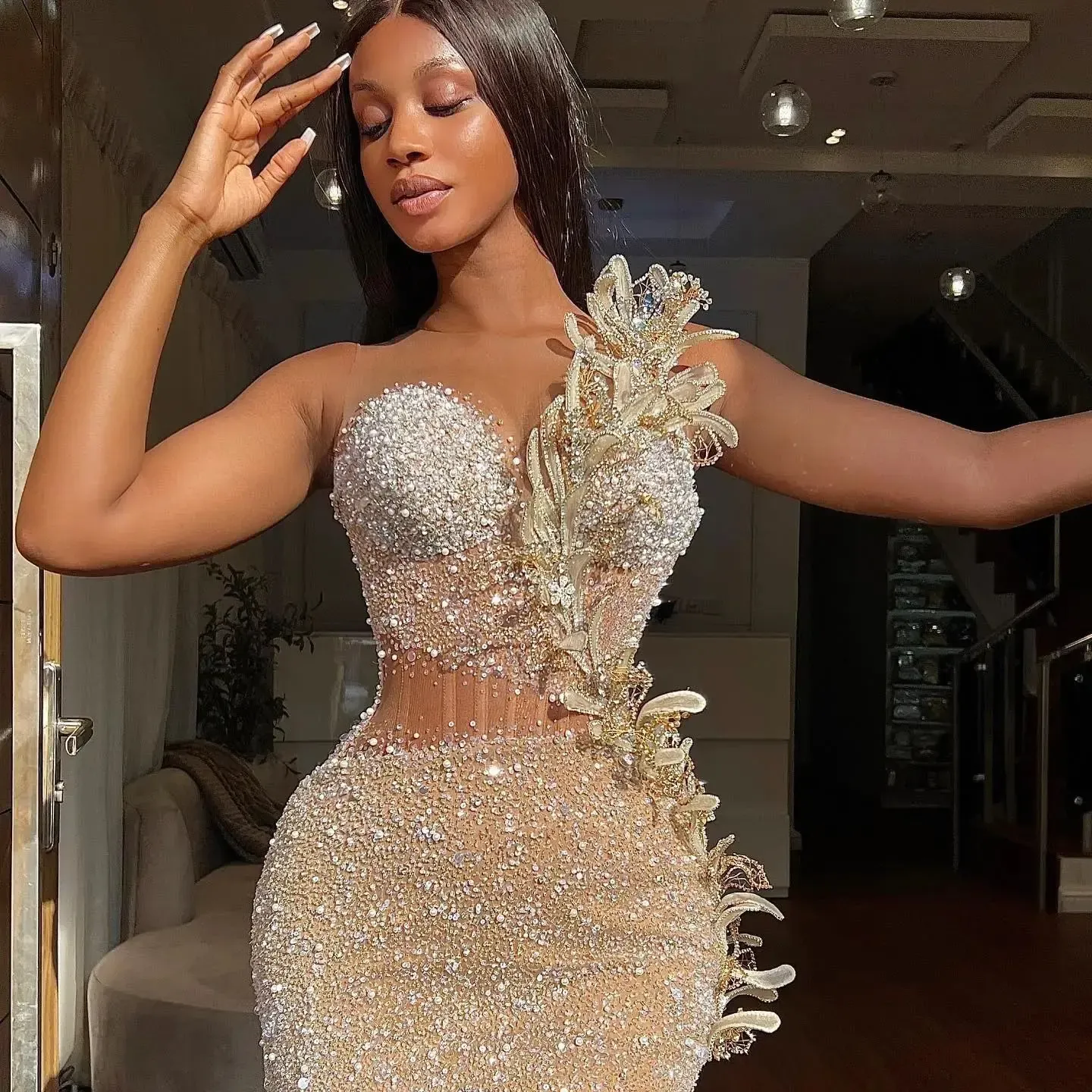 Gold Sequined Lace Rhinestone Sheath Gold sequin prom dress - 25 Evening Gown for Prom, Birthday, Second Reception - Sexy Illusion Flora Design -