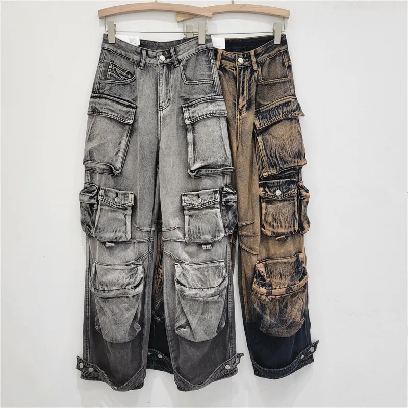 Wide Leg Jeans: Heavy Duty Cargo Pants for Women Washed