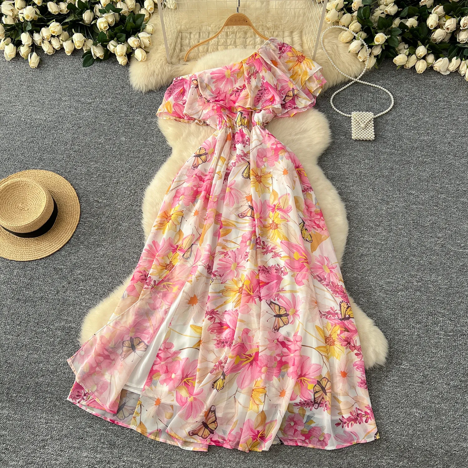 Casual Dresses 2025 Bohemian Summer Holiday Flower Chiffon Long Dress  Womens Ruffles One Shoulder Floral Print Belt Lace Up Beach Maxi Vestido  From Xiongstore, $34.18 | DHgate.Com