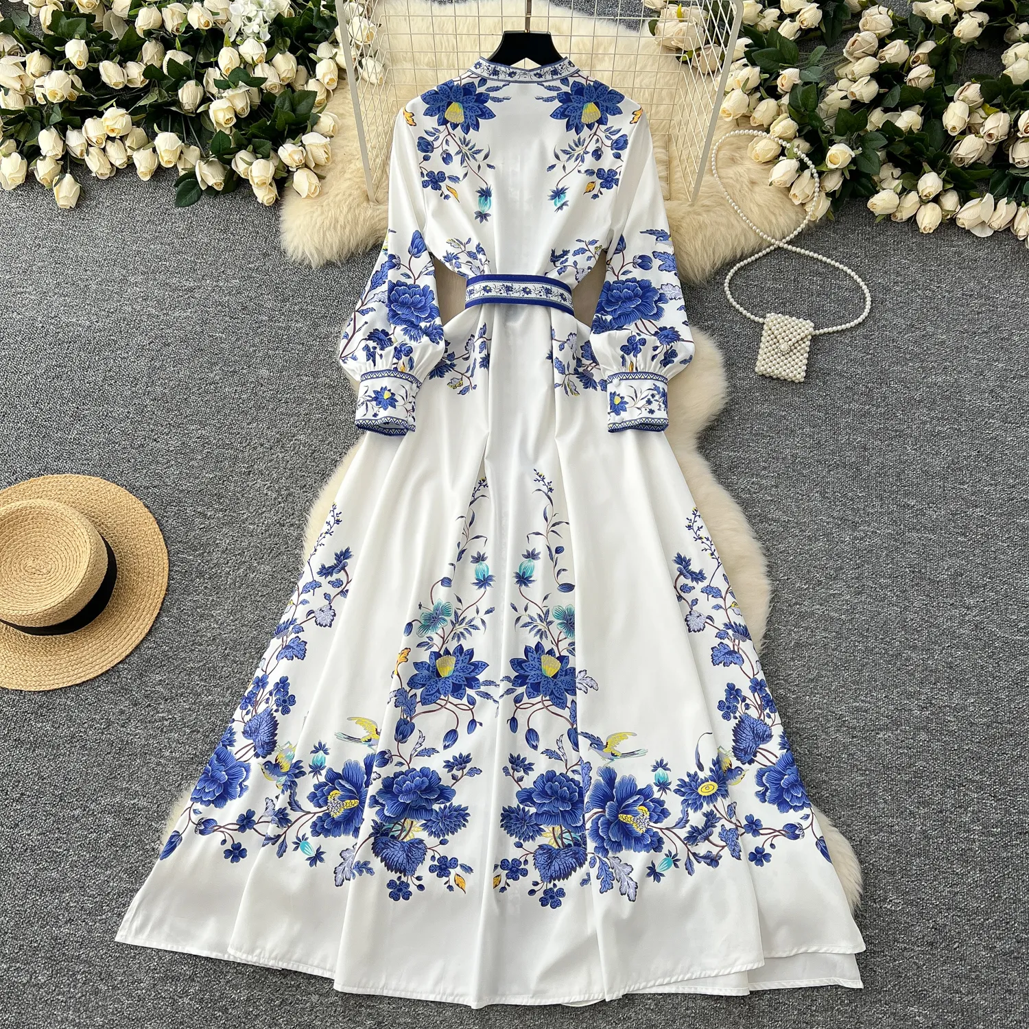 white christmas dresses Everly Cream & Blue Floral Strapless Maxi Dress main image 0