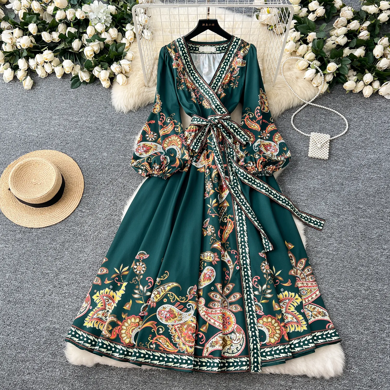 Floral Draped Bodycon Dress for Women - Square Collar, Long Sleeves, High Waist, Pleated - Perfect for Spring and Autumn Parties, Casual and Formal - Floral Draped Bodycon Dress for Women - Square Collar, Long Sleeves, High Waist, Pleated - Perfect for Spring and Autumn Parties, Casual and Formal -