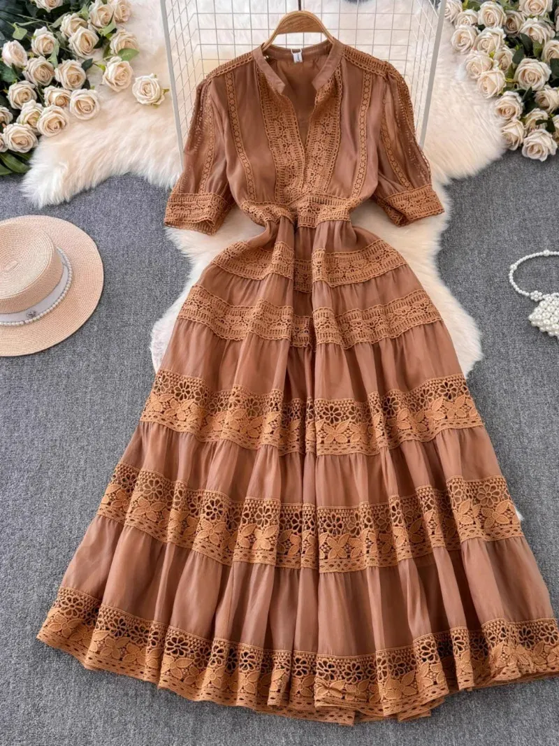 Fashion V-Neck High Waist Hollow Lace Long Sleeve Dress Fashion V-Neck High Waist Hollow Lace Long Sleeve Dress