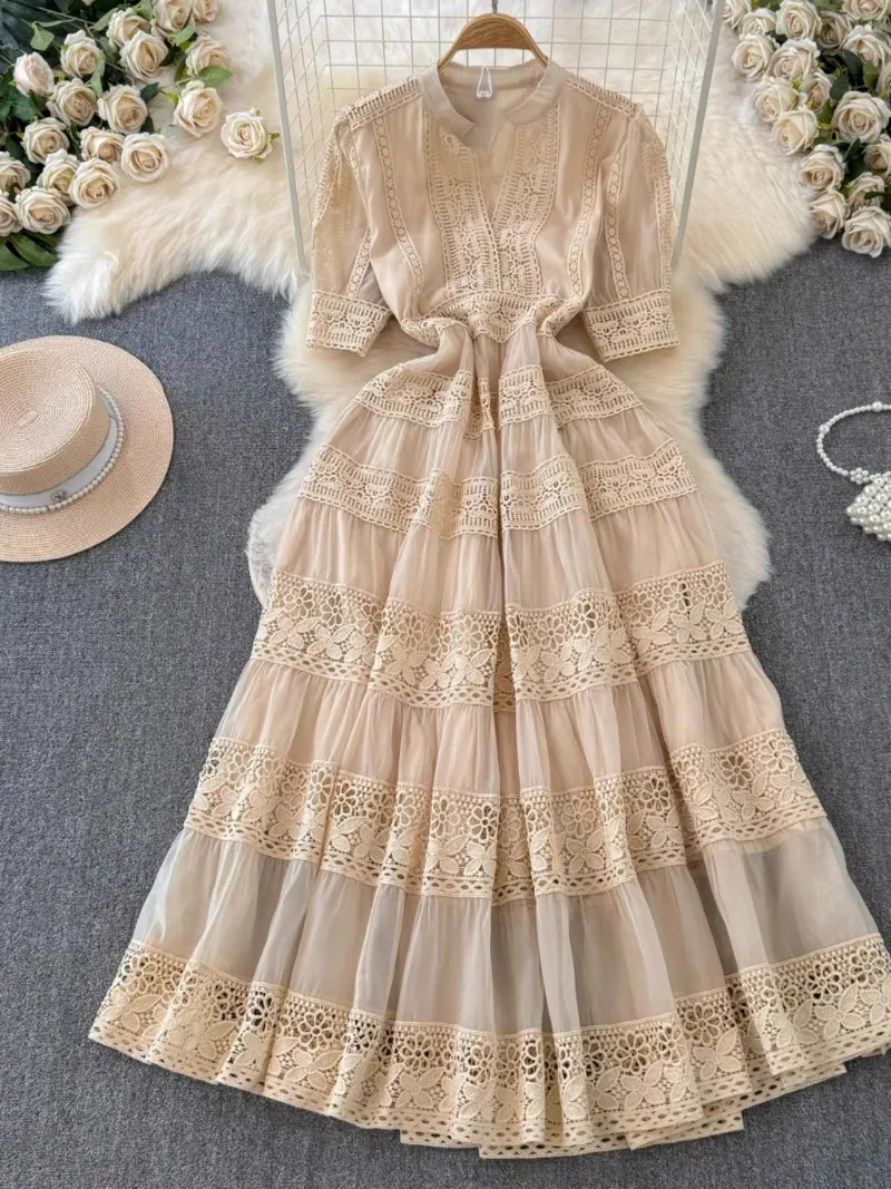 Fashion V-Neck High Waist Hollow Lace Long Sleeve Dress Fashion V-Neck High Waist Hollow Lace Long Sleeve Dress