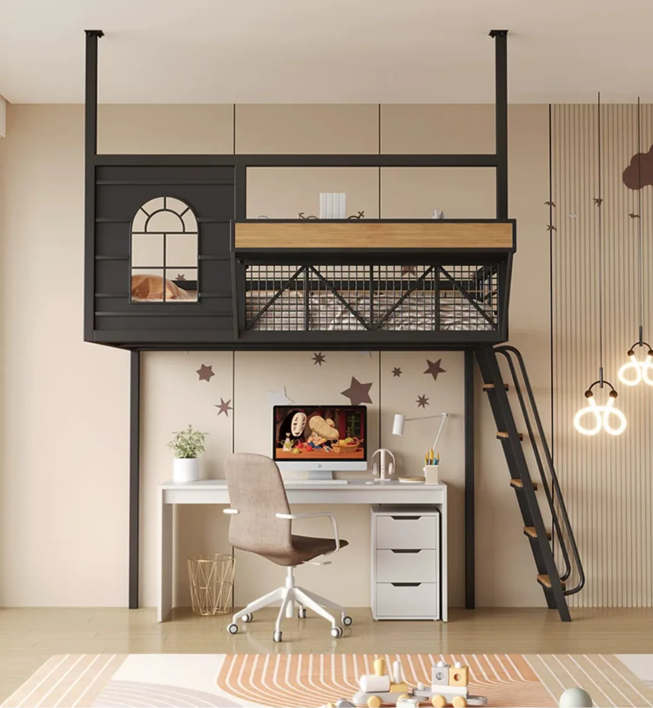 Space Saving Wrought Iron Loft Bed Frame Overhead Hammock Design