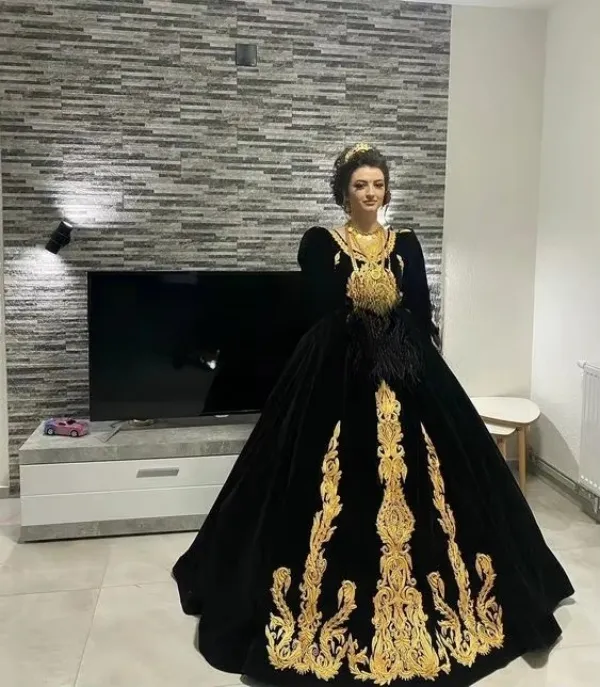 black long sleeve dress with gold embroidery Zapakasa Women Sparkly Black Golden Long Sleeves Mother of the Bride Dress  with Beading Mermaid Sequins Wedding Guest Dress main image 1