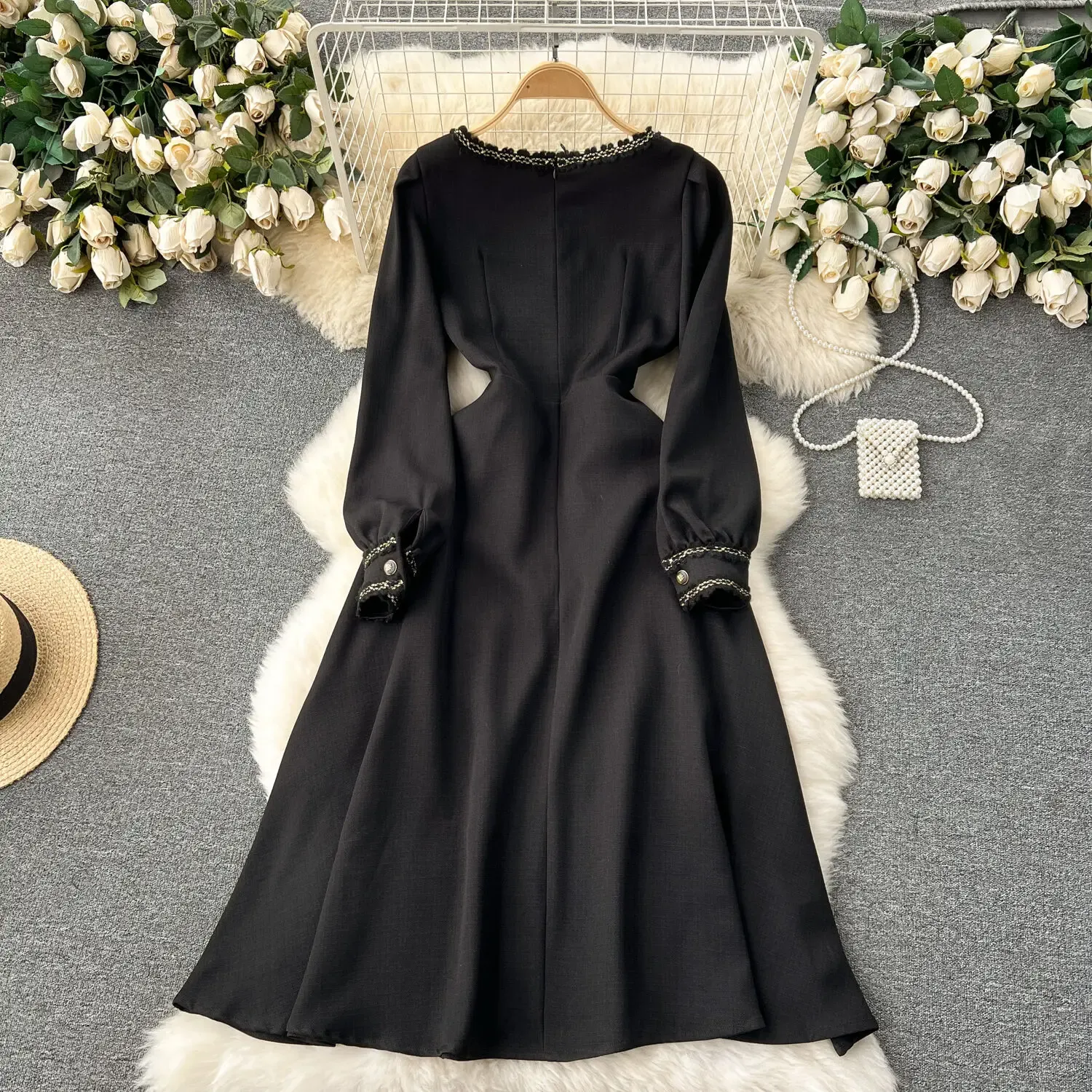 navy blue dress for baby girl Wool Blend Fit & Flare Midi Dress: Elegant Winter Party Outfit, Fall Style Gift 6524# main image 1