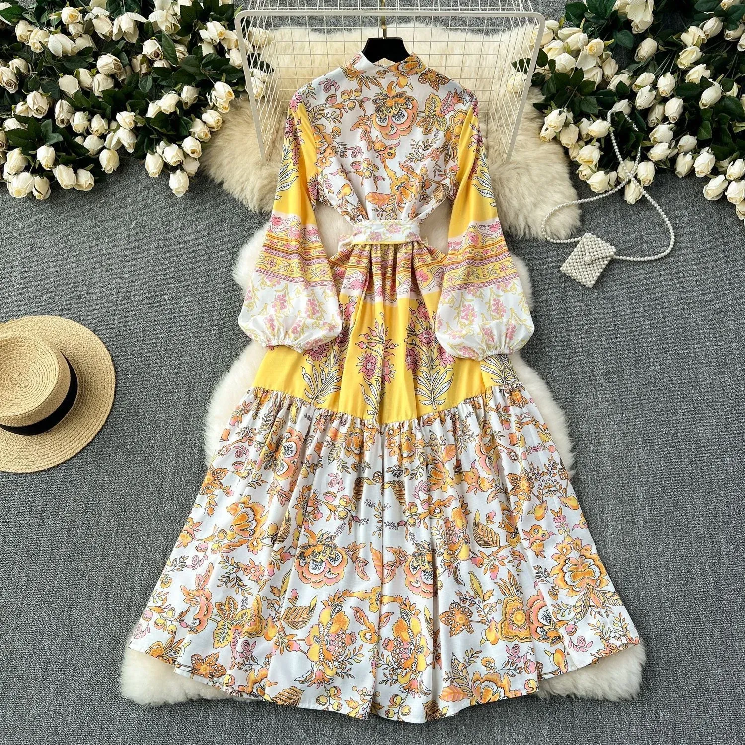 Casual Dresses Women 2025 Autumn Floral Print Maxi Dress With Lantern  Sleeves Yellow Gold Vintage Style Midi Shirt Dress For Party From  Xiongstore, $34.18 In Bulk | DHgate.Com