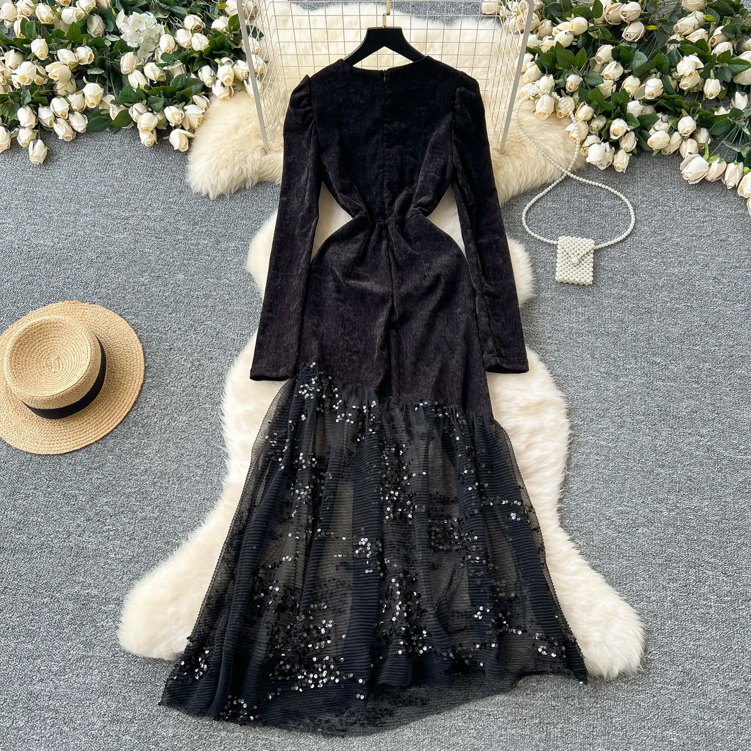 knee length dresses for ladies Long sleeve Bohemian Swing Pink Chiffon dress 2623 – Xiaolizi