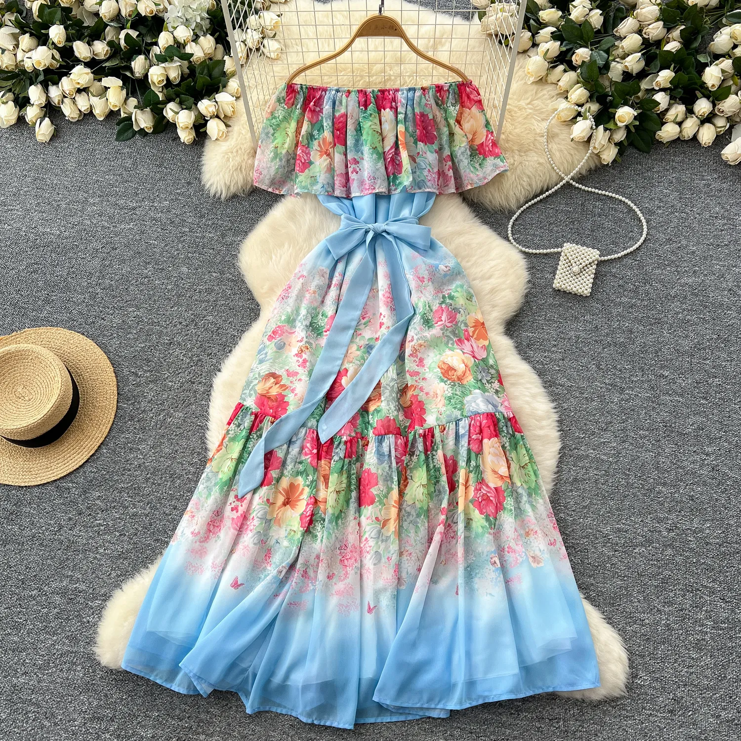 Summer Casual Dresses Summer Holidays Gorgeous Flower Chiffon Dress Women  Sexy Off The Shoulder Elastic Waist Floral Print Maxi Boho Robe Vestidos  2025 From Xiongstore