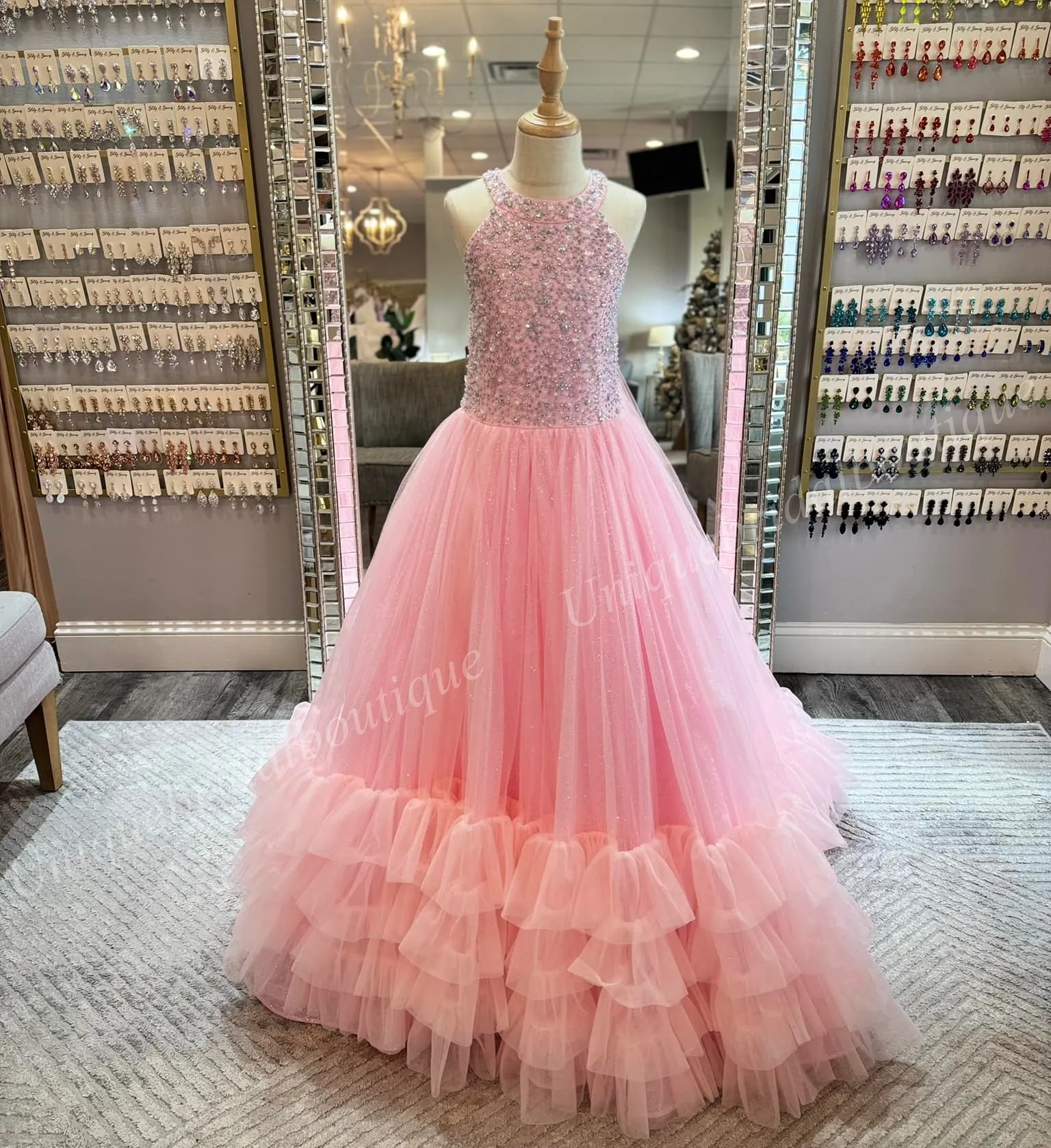Neon Pink Halter hot Pink pageant dress for Little Girls - Puffy Crystal Ruffled Flower Gown for Weddings, 1st Communion, Holidays, and Cocktail