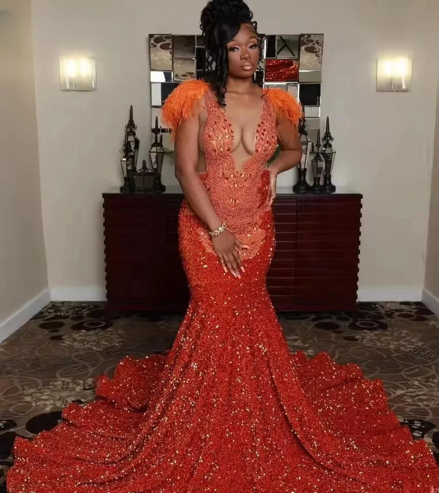 orange sequin mermaid prom dress Sparkle Orange Sequin Mermaid Sexy Backless V-Neck Prom Dress, D1064 Dairy Bridal