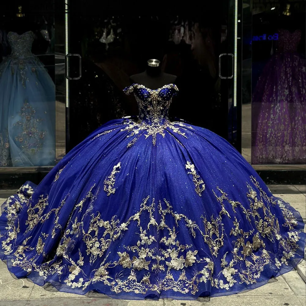 Royal Blue Quinceanera Dress with 3D Flowers, Gold Appliques