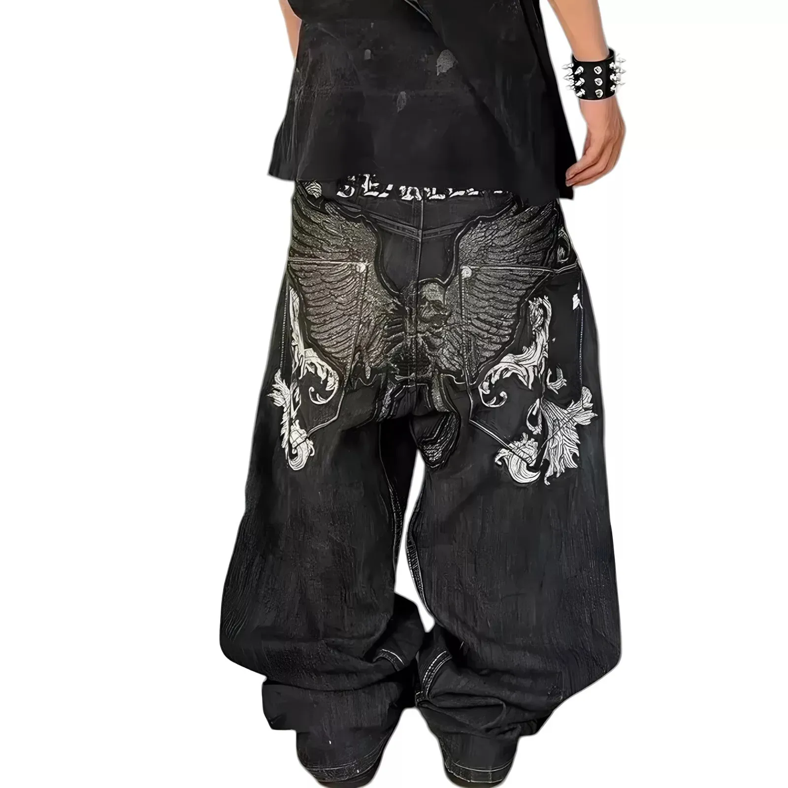 Y2K Skull Wings Jeans, Embroidered Wide Leg Denim | DHgate