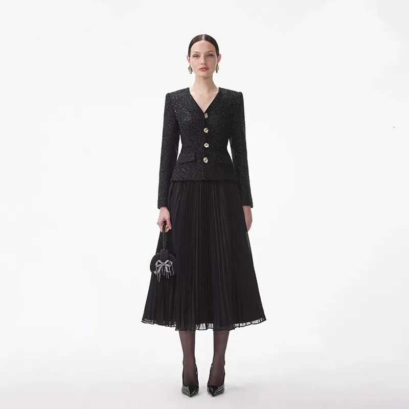 knee length dresses for ladies Zapaka Women Black Tweed Work Dress 2 Piece Round Neck Pencil Long Sleeves Midi Business Dress, Black / M main image 0