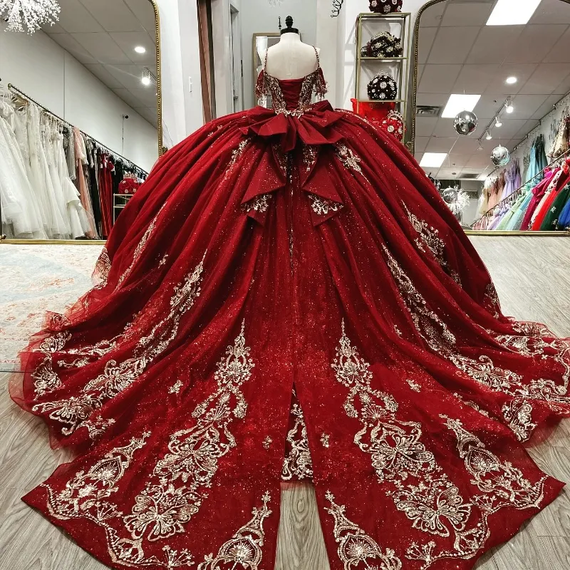 red sparkly quince dress 2025 Sparkly Red Ball Gown Wedding Dresses Sequin Off the Shouder Quince Dress Red / US6