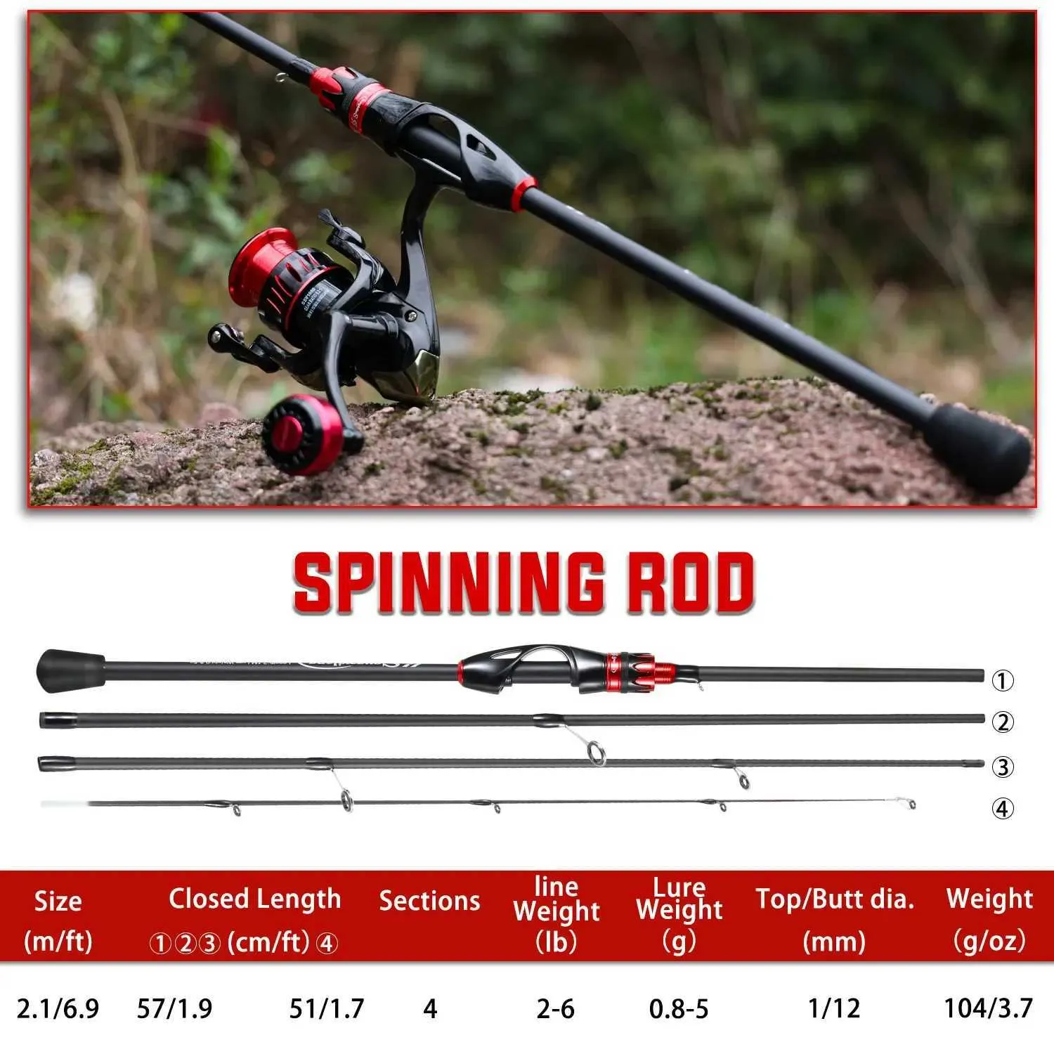 XJ241219 Casting Spinning Fishing Rod - 2.1m Ultralight Carbon Fiber 4-Section Pole with EVA Handle - 0.8-5g Lure Weight XJ241219 Casting Spinning Fishing Rod - 2.1m Ultralight Carbon Fiber 4-Section Pole with EVA Handle - 0.8-5g Lure Weight
