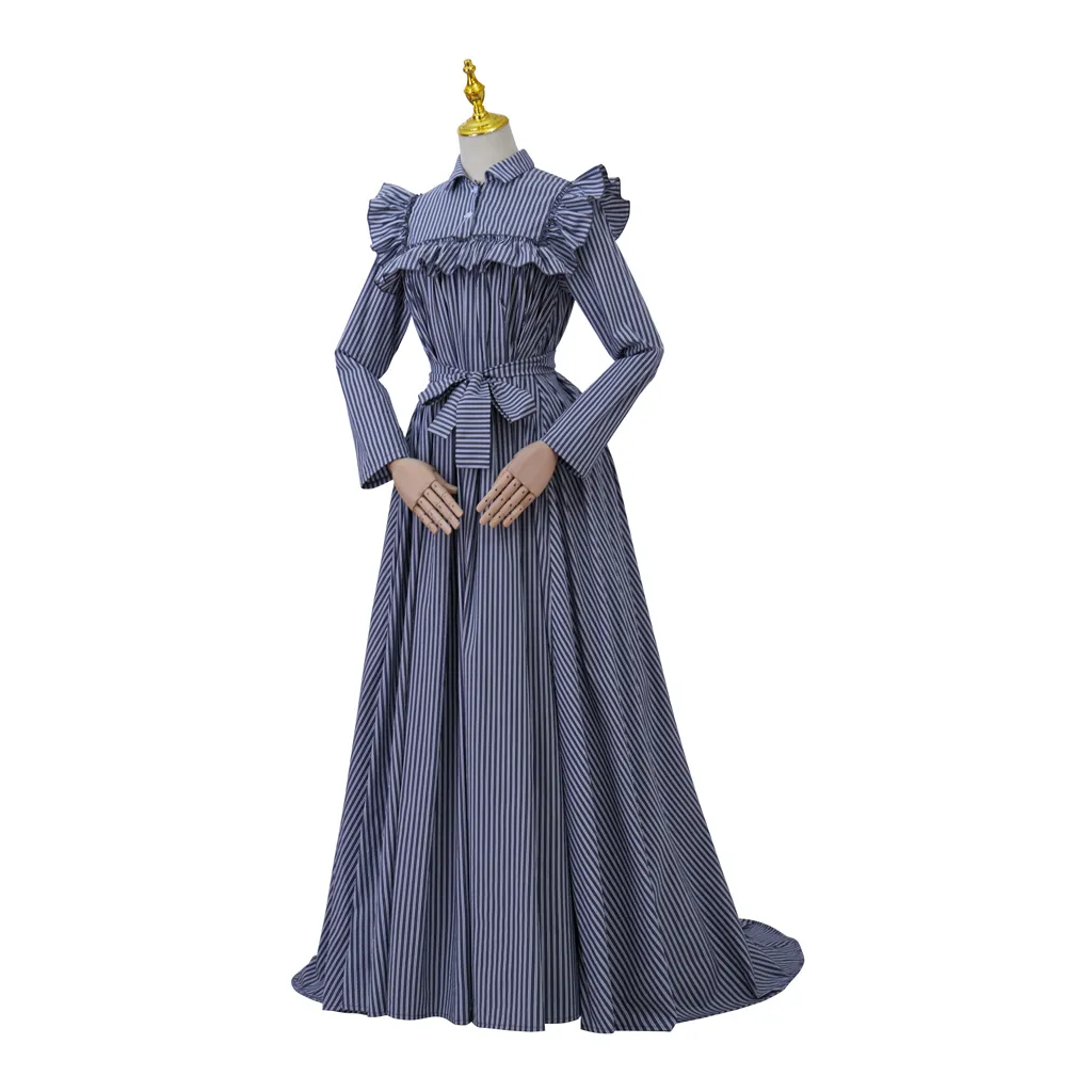 Blue Striped Victorian Regency Era Ball Gown - Vintage High Waistline Marie Antoinette Victorian Dress with 18th Century Rococo Embellishments