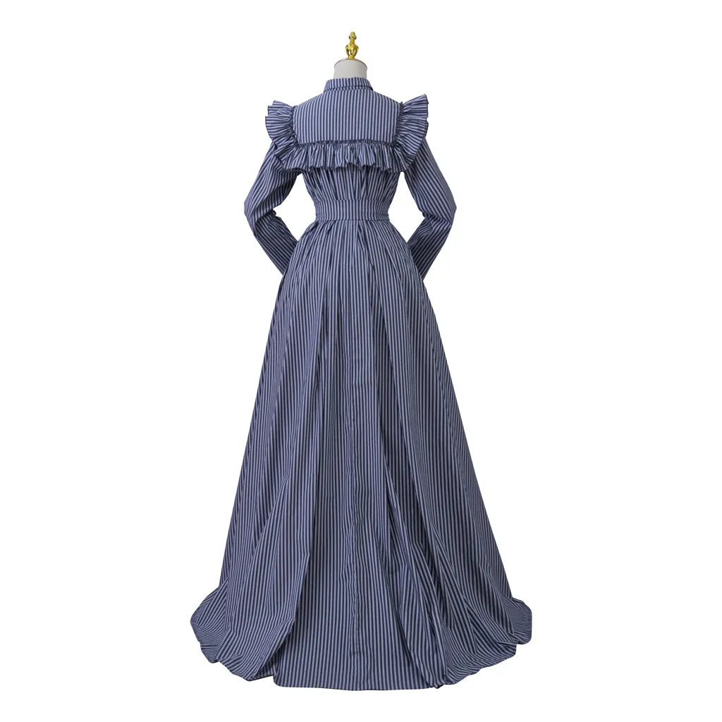 Blue Striped Victorian Regency Era Ball Gown - Vintage High Waistline Marie Antoinette Victorian dress with 18th Century Rococo Embellishments