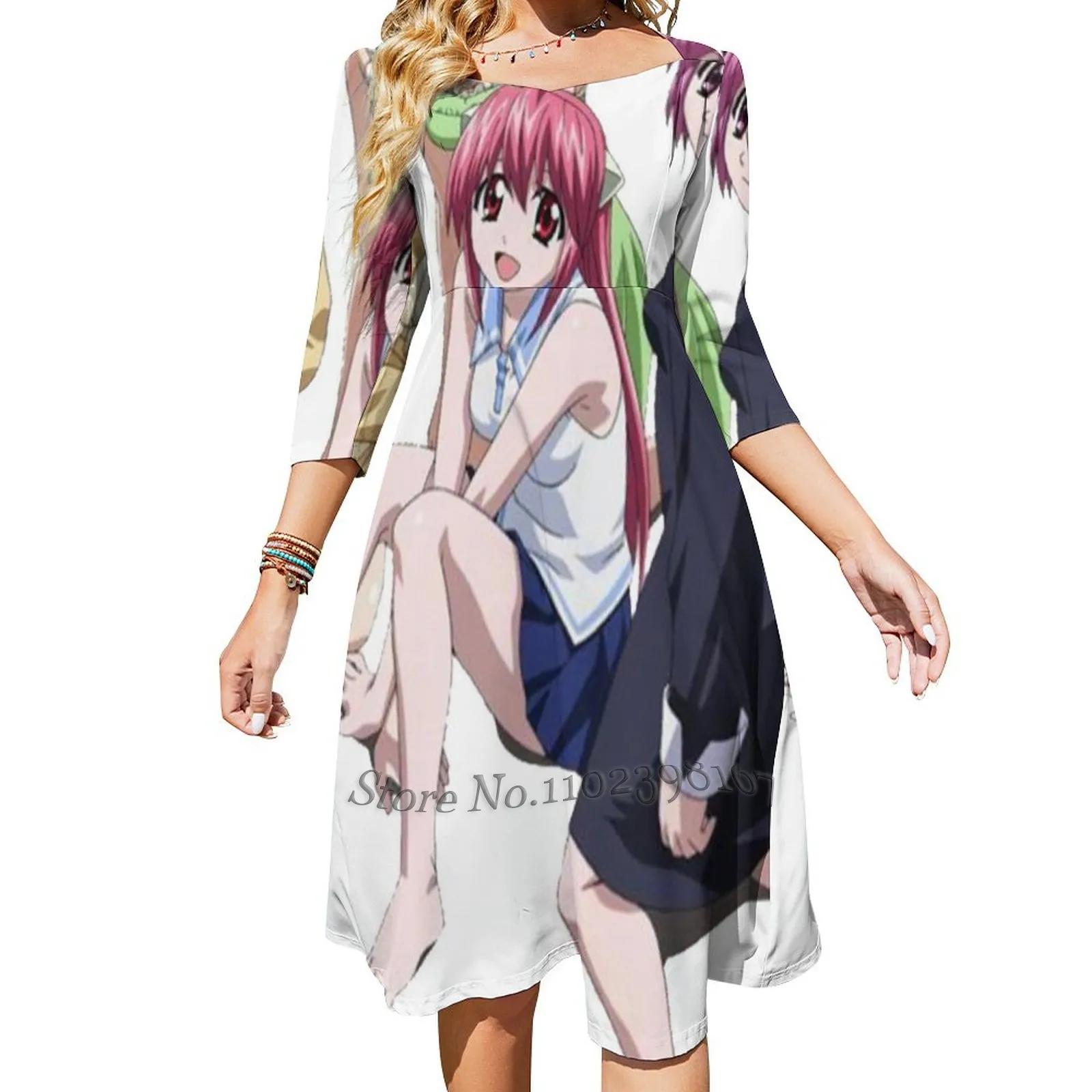 Korean Elfen Lied Gang One Piece Dress - Sleeveless, Knee-Length Dress with Anime-Style Print Korean Elfen Lied Gang One Piece Dress - Sleeveless, Knee-Length Dress with Anime-Style Print