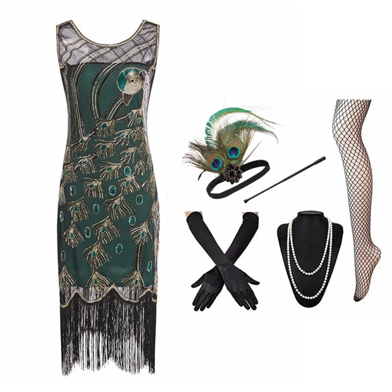 Green Sequin Fringed Flapper 1920s dress Set for 1920s Great Gatsby Party Evening with 20s Accessories Green Sequin Fringed Flapper 1920s dress Set for 1920s Great Gatsby Party Evening with 20s Accessories