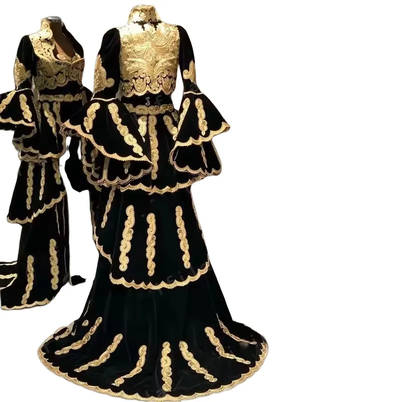 Black Gold Velvet Evening Dress with Lace and Long Illusion Sleeves, Zipper  Back, Sweep Train from Dhgate Evening Dresses - price 414.67