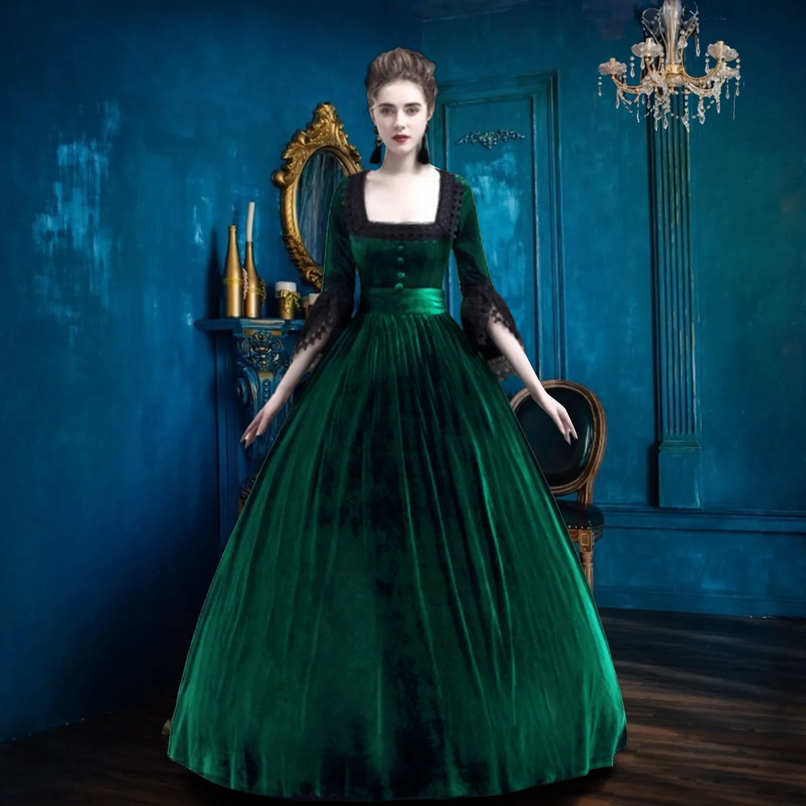 green emerald velvet dress Renaissance Retro Medieval Dresses Halloween Plus Size Gothic Cosplay –  Hiipps main image 1