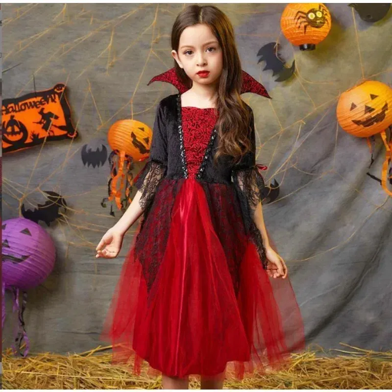 Girls' Halloween Princess Party Princess dress - Black and Red Stand Collar Tulle Lace Vampire with Children's Stand Girls' Halloween Princess Party Princess dress - Black and Red Stand Collar Tulle Lace Vampire with Children's Stand