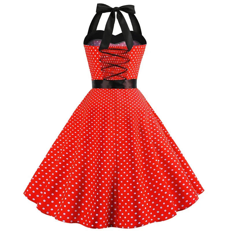 Product Title: AR Hepburn Vintage Red Polka Dot Halter DressProduct Description:This AR Hepburn Vintage Red Polka Dot Halter Dress Is A Classic Piece
