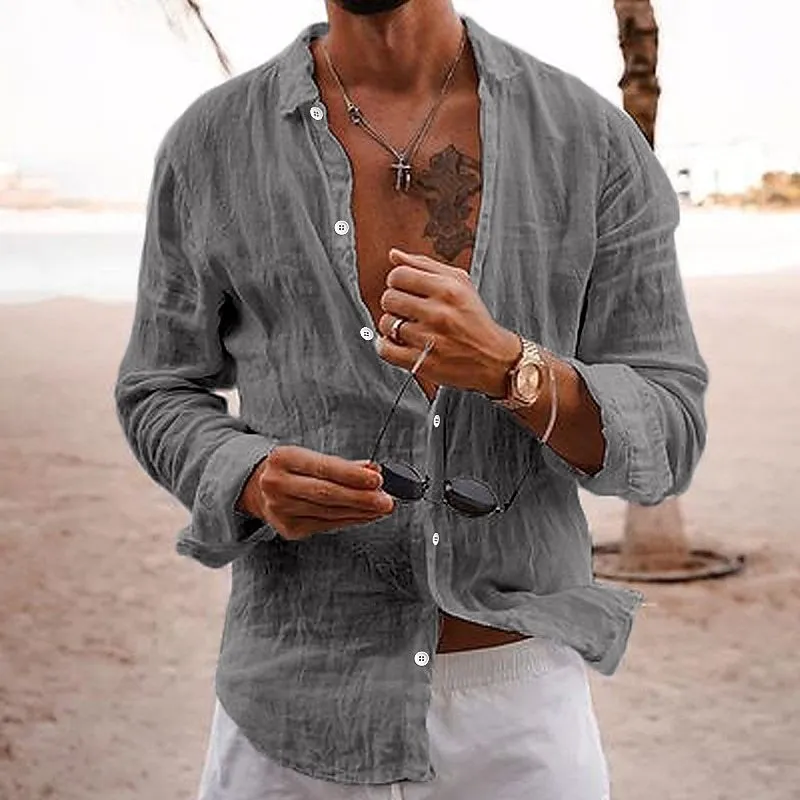 Men's 100% Cotton Long-Sleeved Linen Button Down Shirt with Single Row Chest Lapel - Casual Solid Color Top, European & American Fashion (240820)