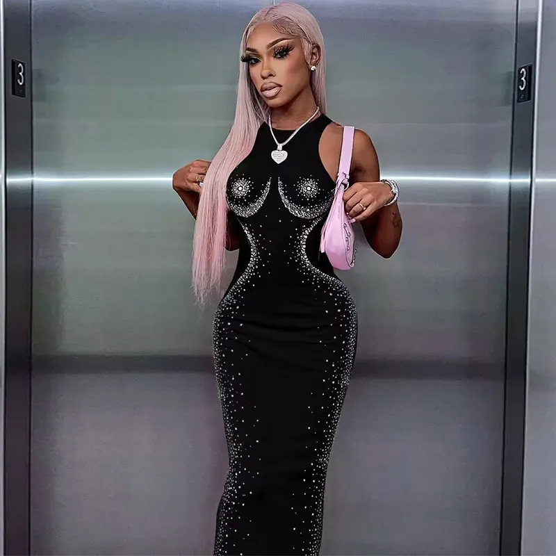 Black Bodycon Long Halter Maxi Dress - Perfect for Business, Parties, Clubs, Evening Events, and Birthdays.