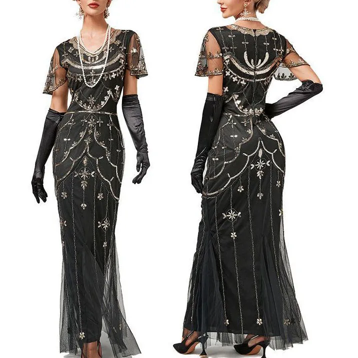 Vintage Flapper Style Plus Size Maxi Dress with Sequin Tassel - Solid Color