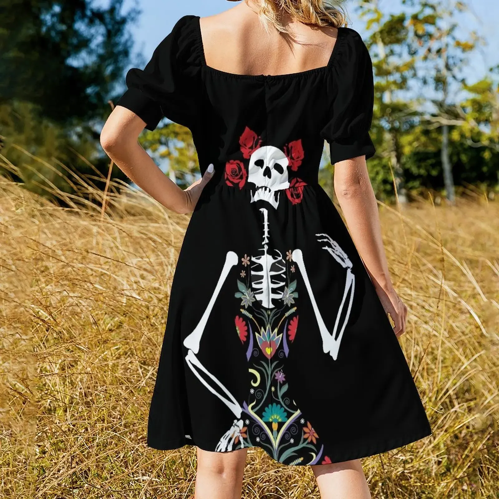 black catrina dress Miss Circle Women's Catrina Black Velvet Square Neck Bow-Tie Mini Dress
