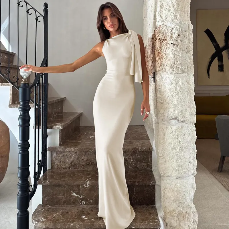 Vestido De Cóctel Vintage Sin Mangas Para Mujer – Cuello Vuelto, Largo Hasta El Suelo, Poliéster Elegante