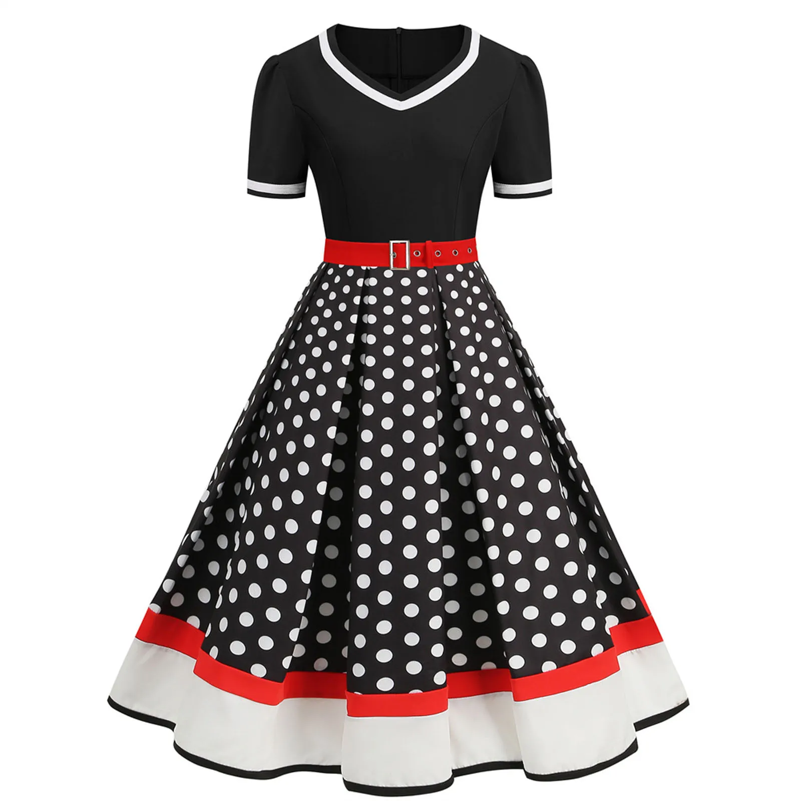 Vintage Polka Dot Print 1950s Party Dress with Belt - Short Sleeve Hepburn Robe for Women