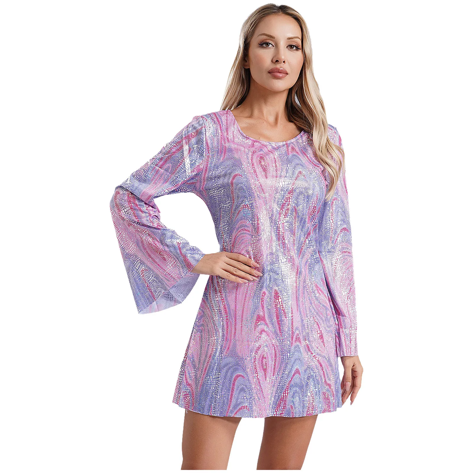 Hippie Flare Long Sleeve Sequin Dress for Women - Shiny Sequin 70s Disco Party Long Sleeve Sequin Dress with Long Sleeves and Tie-Dye - Perfect for